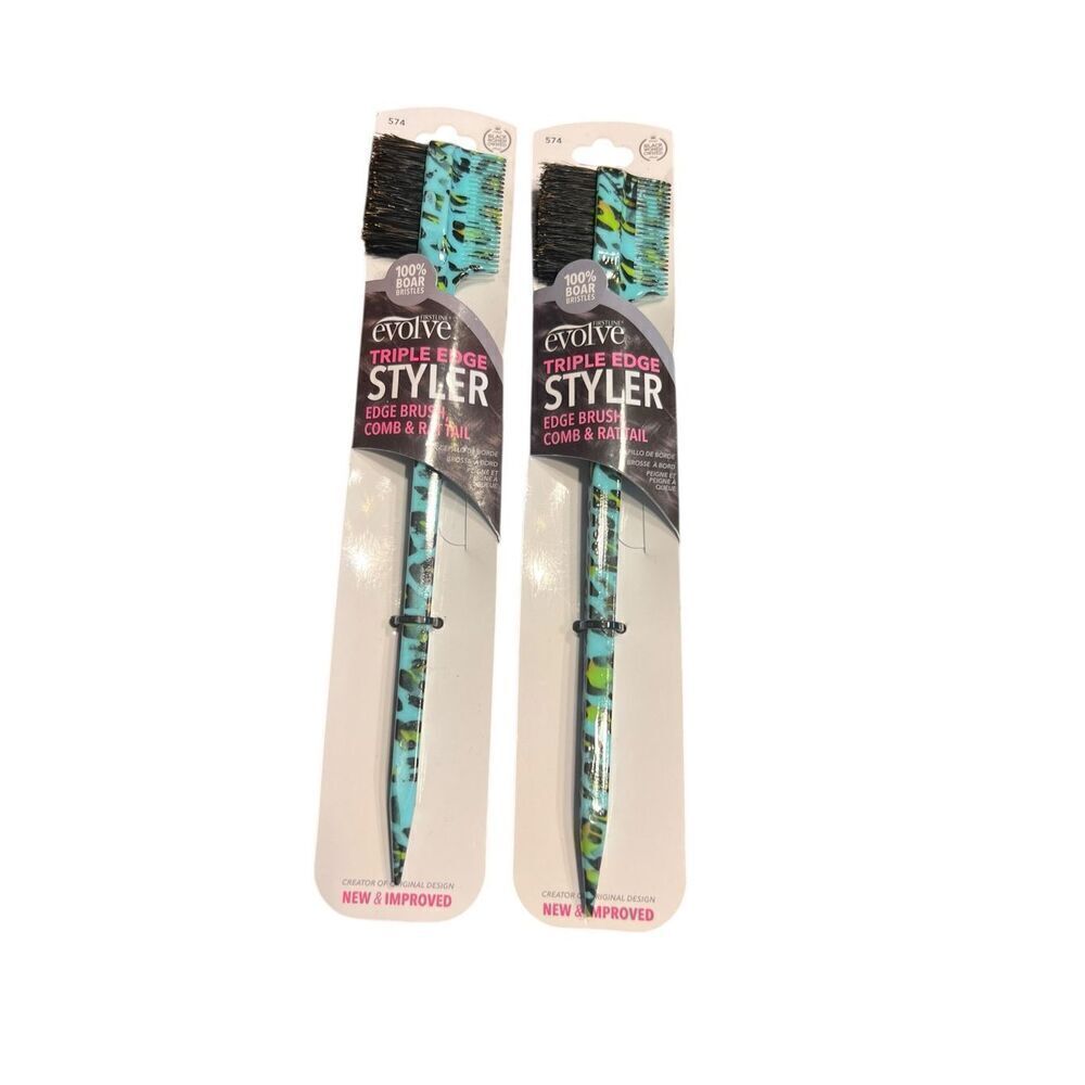 2 Evolve Triple Edge Styler Brush Multicolor rat tail comb 100% boar bristles